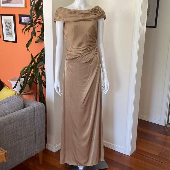 David's Bridal Bronze Off Shoulder Maxi Dress Size 6 - Picture 2 of 12